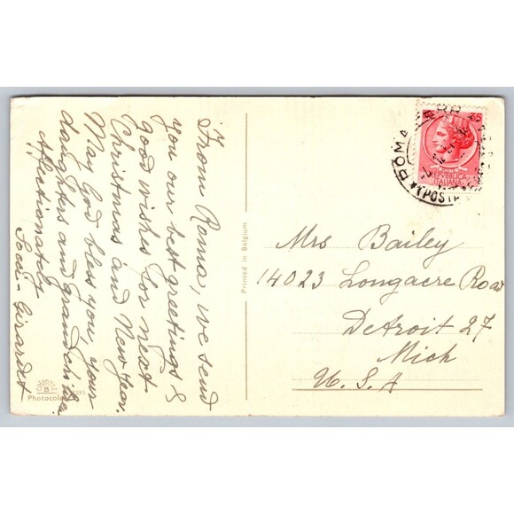 Postcard Christmas Red Candles Burning Mistletoe Posted c1950s from Rome Italy - Picture 2 of 2